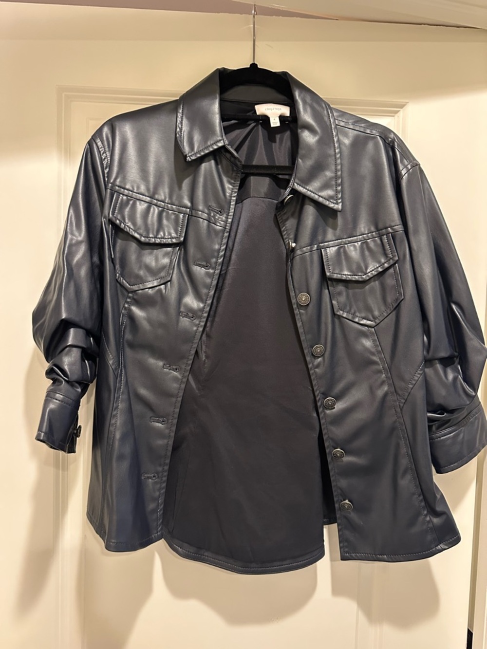 cinq a sept Navy Faux Leather Shacket Jacket